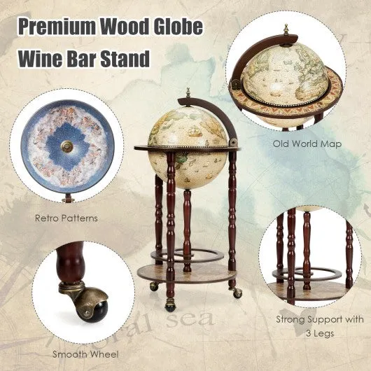 17" Italian Style Wooden Globe Liquor Bottle Wine Rack