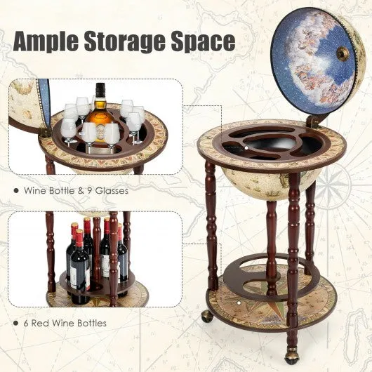 17" Italian Style Wooden Globe Liquor Bottle Wine Rack