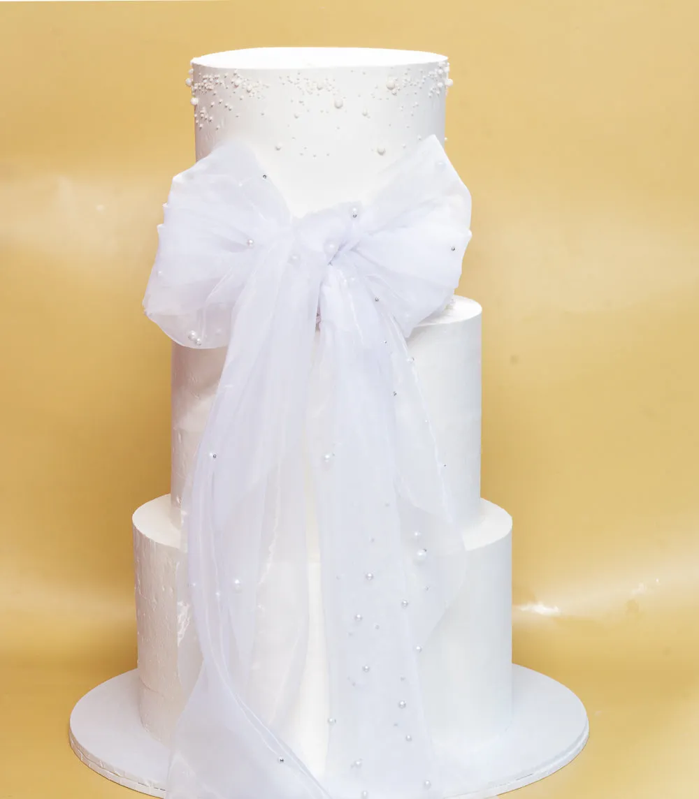 3 Tier White Wedding Cake with Bow