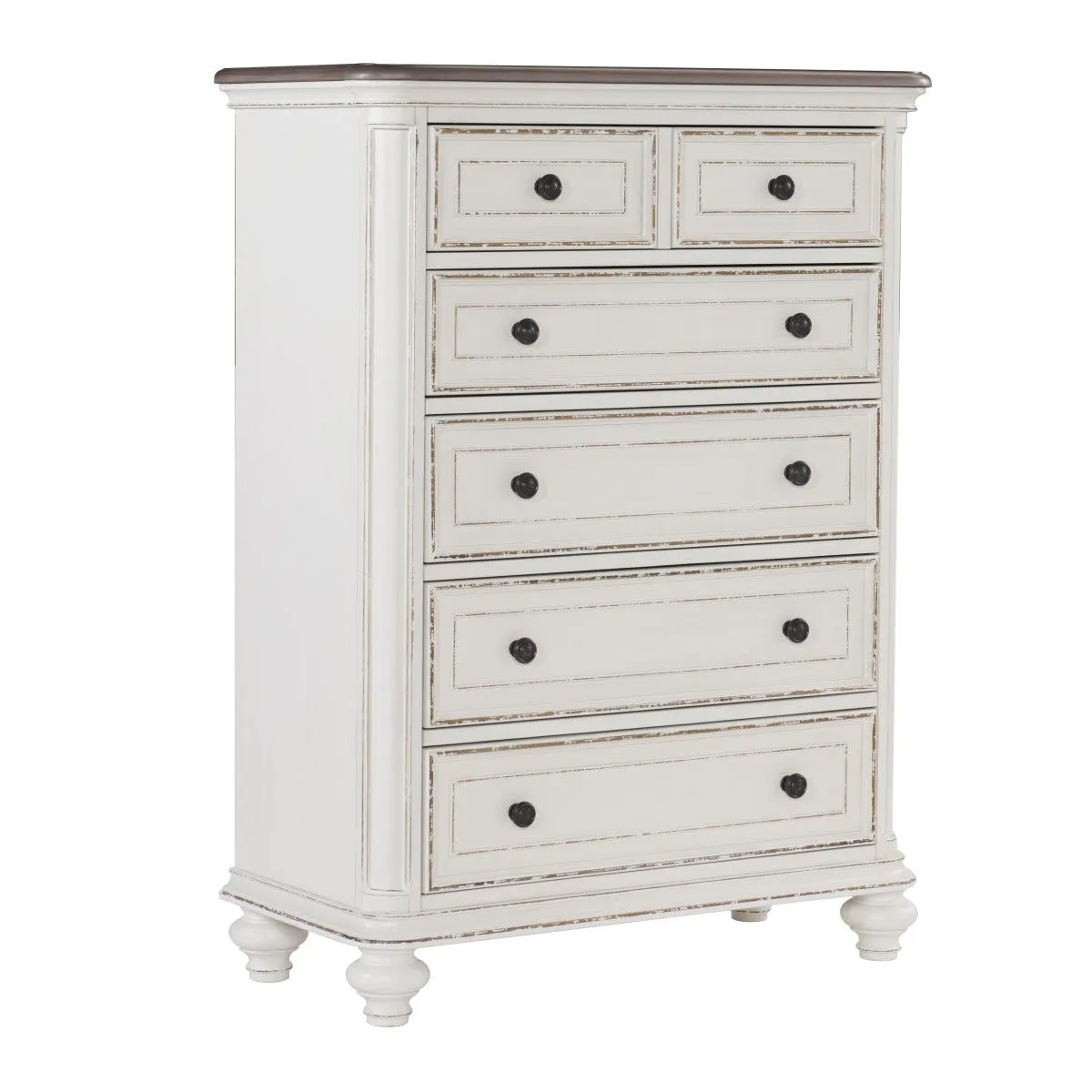 5-Drawer Oak Veneer Chest, Antique White & Brown-Gray Finish