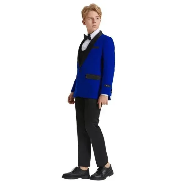 5pc Blue Boys Velvet Tuxedo Includes Bowtie Slim Fit by Tazio