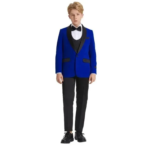 5pc Blue Boys Velvet Tuxedo Includes Bowtie Slim Fit by Tazio