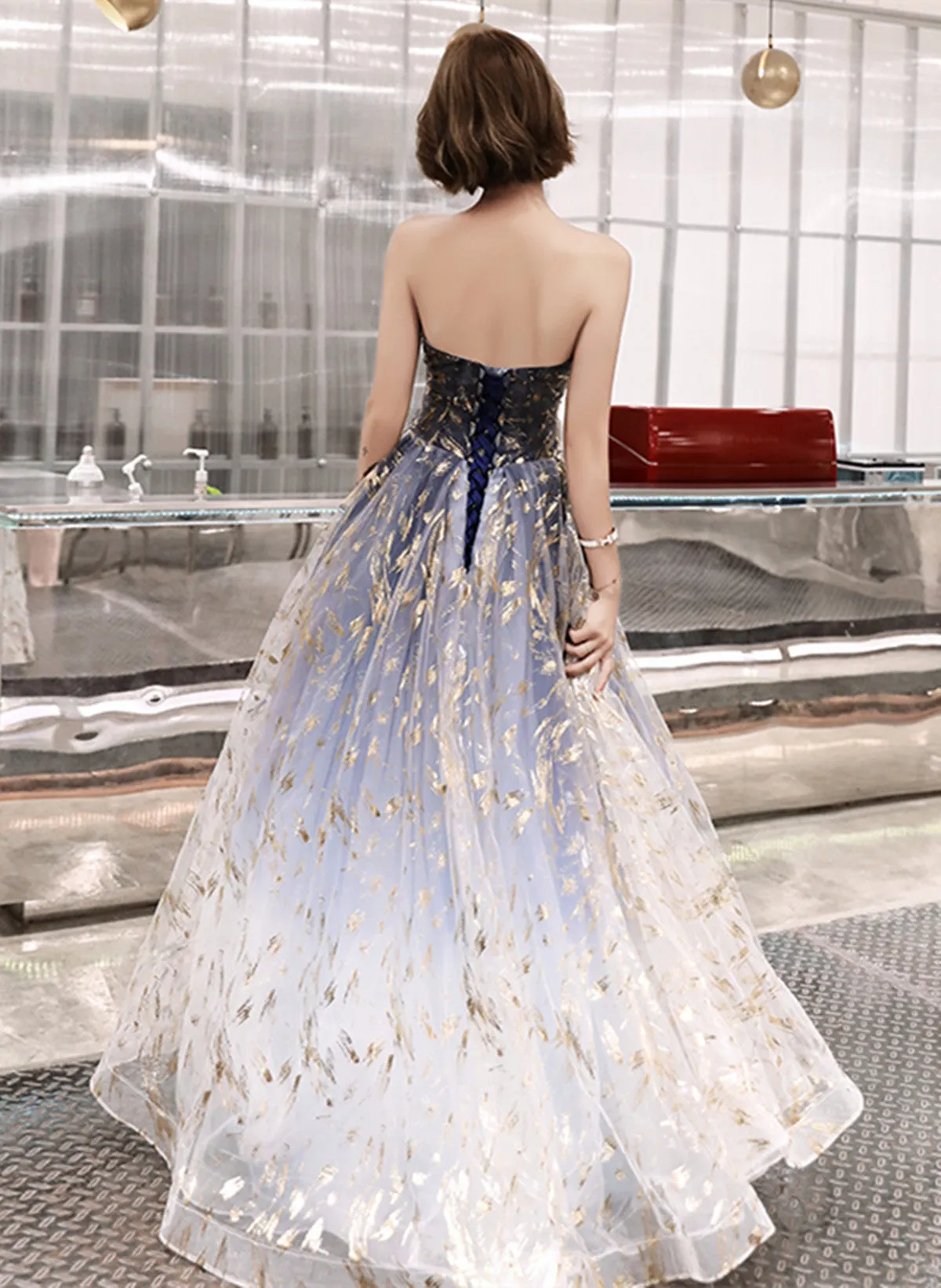 A-line Blue Tulle Long Party Dress with Lace-up, Blue Evening Dress Prom Dress