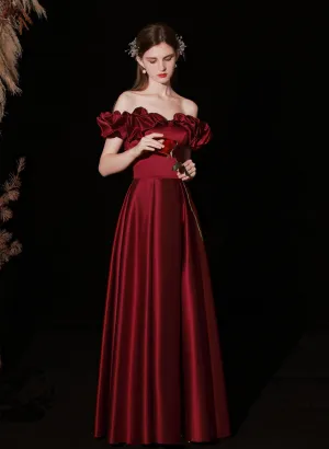 A-line Satin Simple Off Shoulder Floor Length Party Dress, Wine Red Long Prom Dress