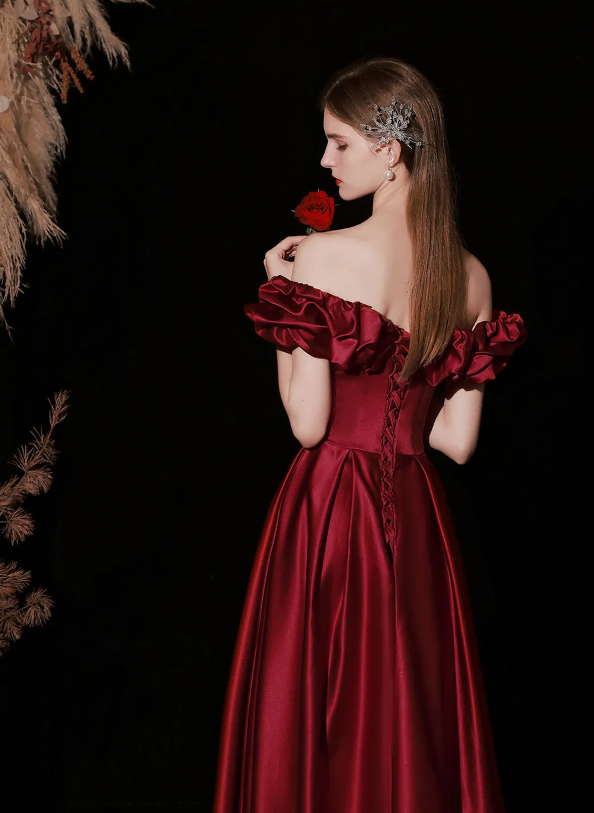 A-line Satin Simple Off Shoulder Floor Length Party Dress, Wine Red Long Prom Dress