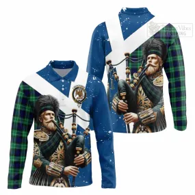 Abercrombie Tartan Long Sleeve Polo Shirt with Family Crest Scottish Bagpiper Vibes