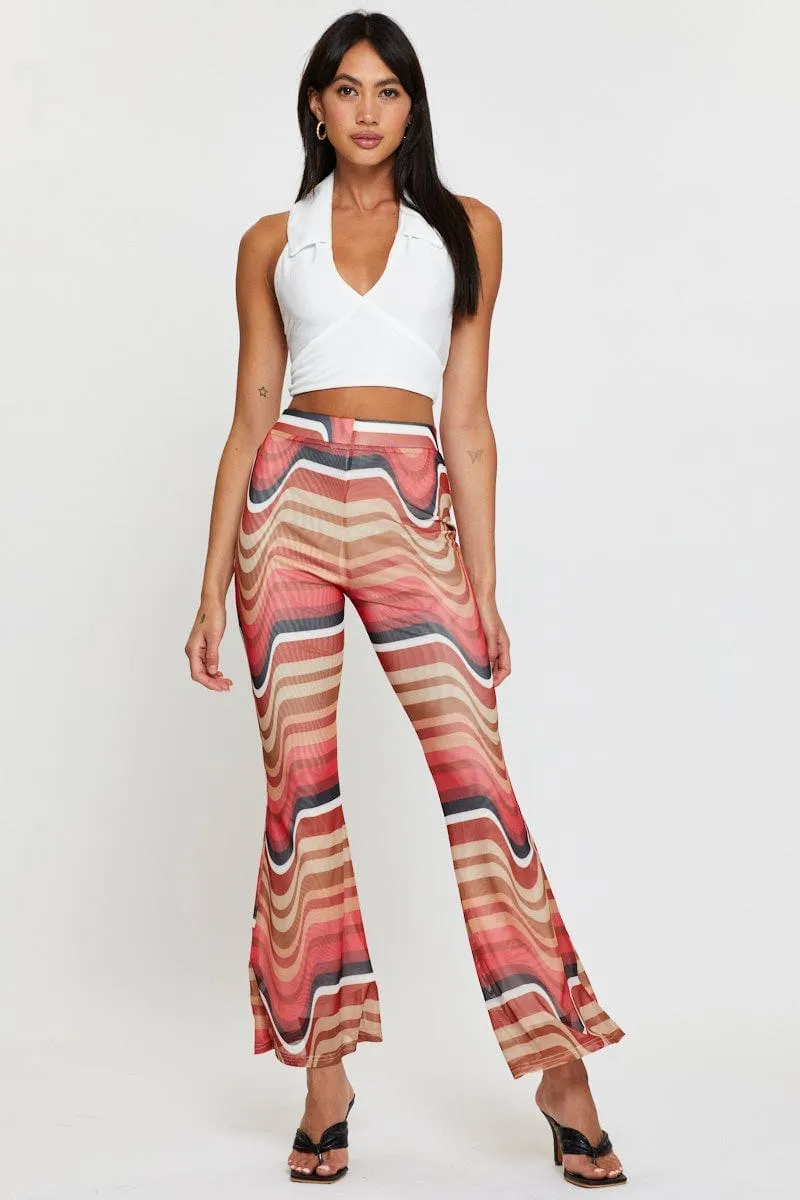 Abstract Print Flare Pants Elastic Waist