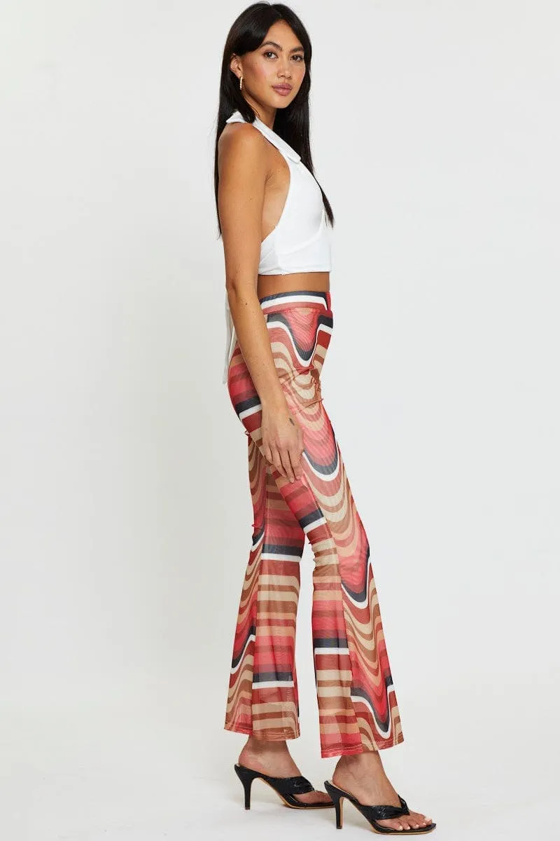 Abstract Print Flare Pants Elastic Waist