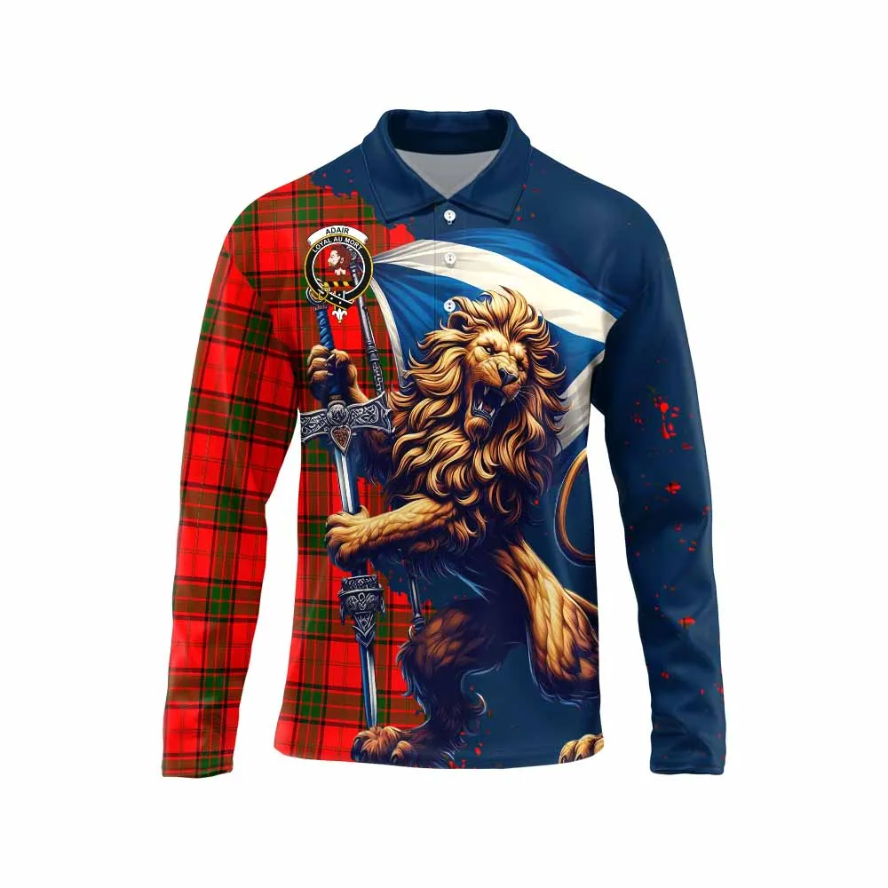 Adair Tartan Family Crest Long Sleeve Polo Shirt with Scottish Majestic Lion