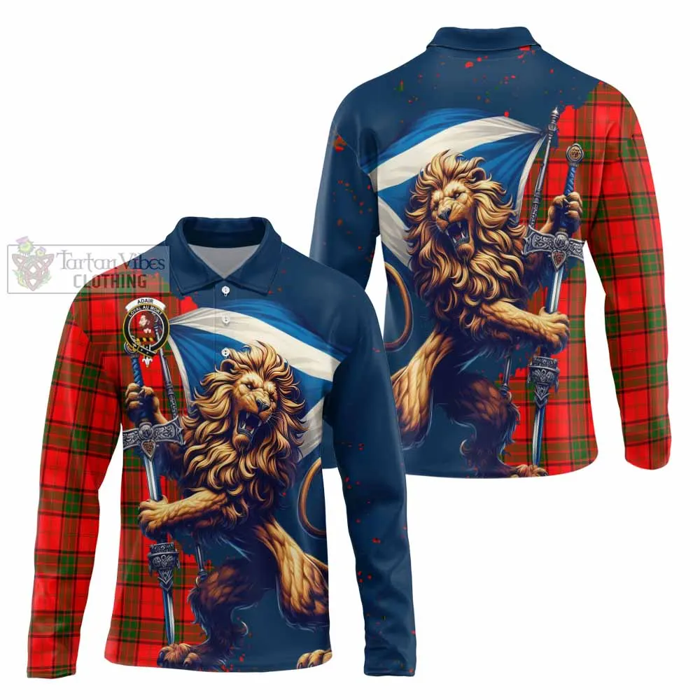 Adair Tartan Family Crest Long Sleeve Polo Shirt with Scottish Majestic Lion