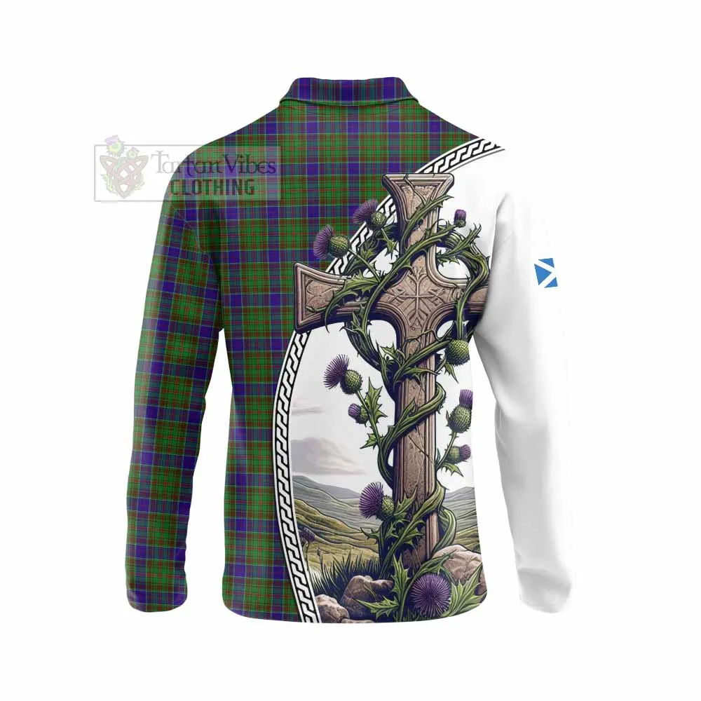 Adam Tartan Long Sleeve Polo Shirt with Family Crest and St. Andrew's Cross Accented by Thistle Vines