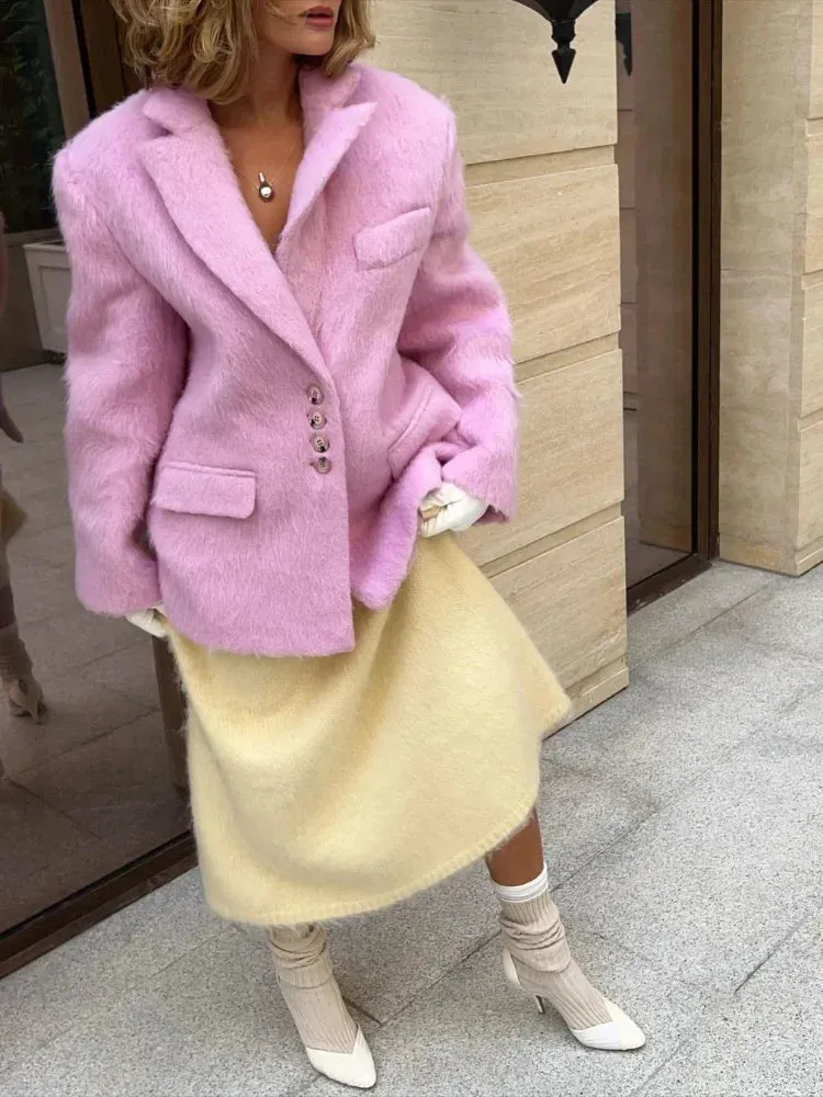 Advbridge Women Pink Woolen Lapel Blazer Coat Fashion Elegant Long Sleeves Pocket Single Breast Overcoat 2024 Female High Street Outwear