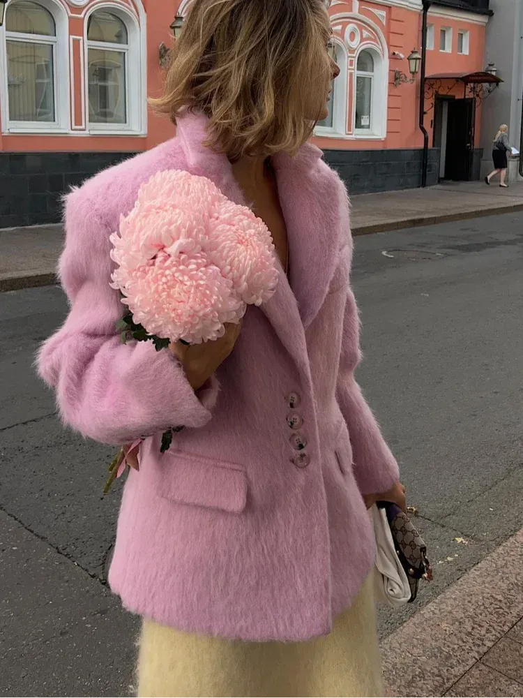 Advbridge Women Pink Woolen Lapel Blazer Coat Fashion Elegant Long Sleeves Pocket Single Breast Overcoat 2024 Female High Street Outwear