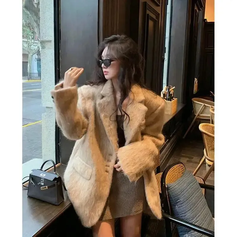 Advbridge Women Pink Woolen Lapel Blazer Coat Fashion Elegant Long Sleeves Pocket Single Breast Overcoat 2024 Female High Street Outwear