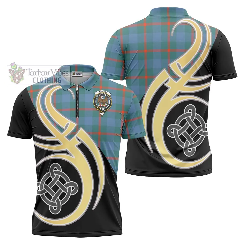 Agnew Ancient Tartan Zipper Polo Shirt with Family Crest and Celtic Symbol Style