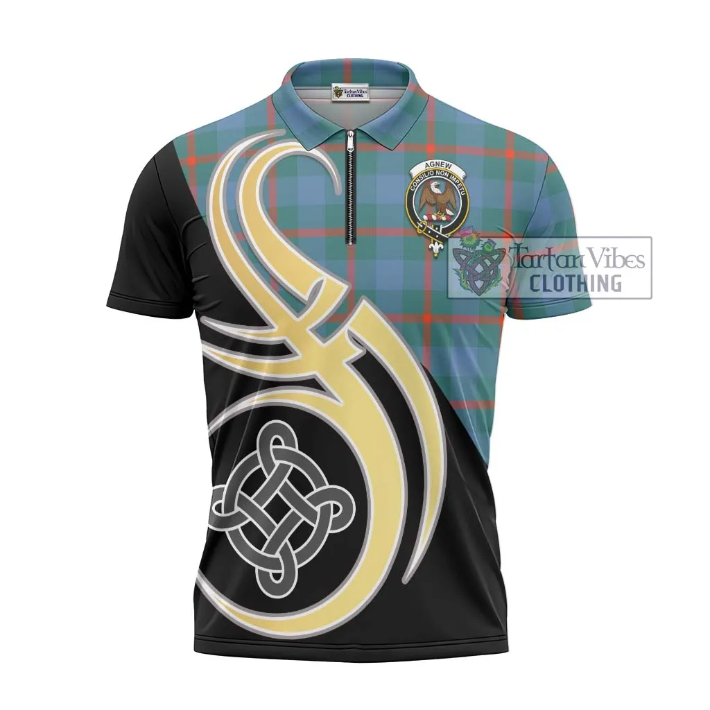 Agnew Ancient Tartan Zipper Polo Shirt with Family Crest and Celtic Symbol Style