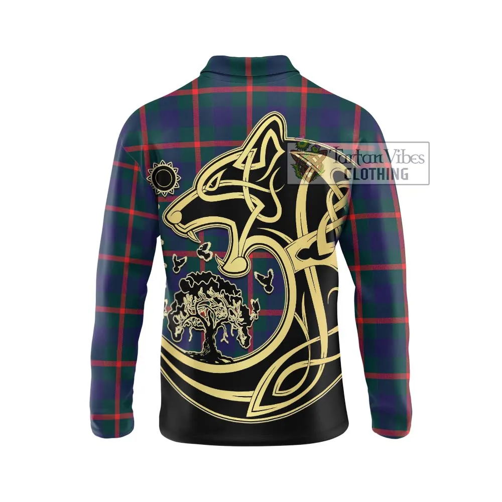 Agnew Tartan Long Sleeve Polo Shirt with Family Crest Celtic Wolf Style