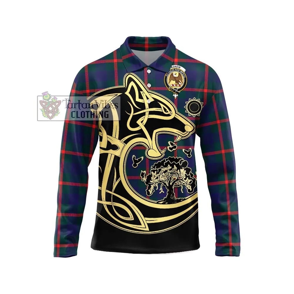 Agnew Tartan Long Sleeve Polo Shirt with Family Crest Celtic Wolf Style