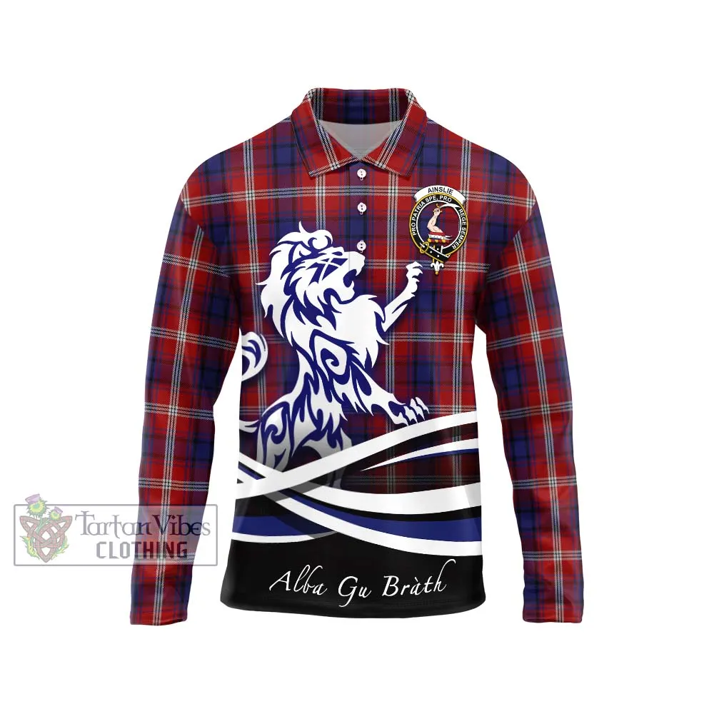 Ainslie Tartan Long Sleeve Polo Shirt with Alba Gu Brath Regal Lion Emblem