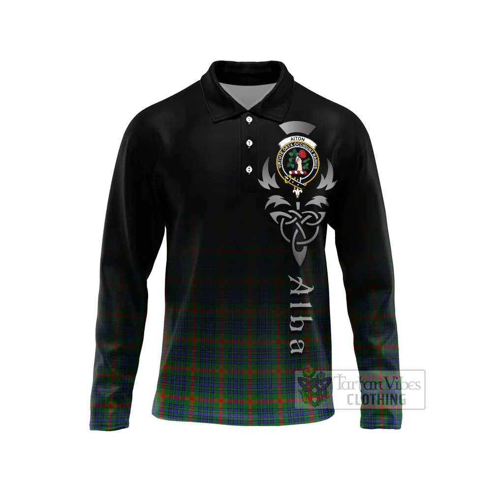 Aiton Tartan Long Sleeve Polo Shirt Featuring Alba Gu Brath Family Crest Celtic Inspired