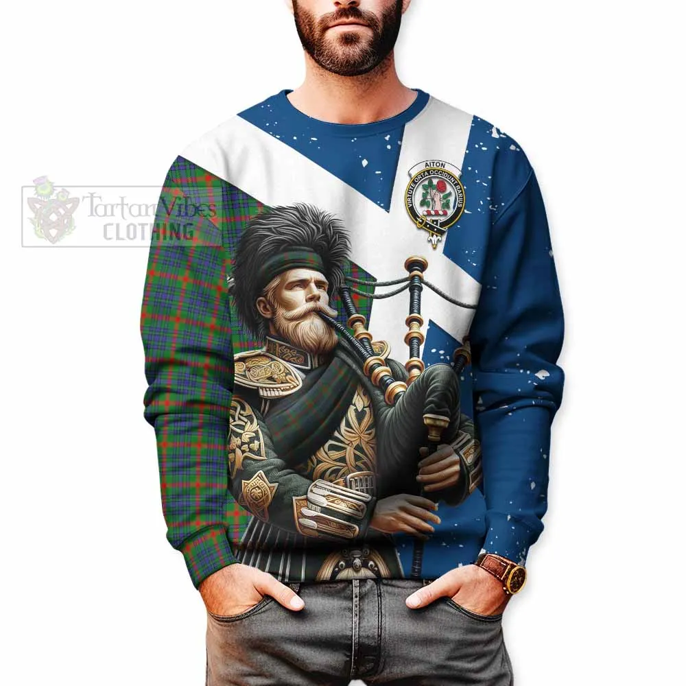 Aiton Tartan Sweatshirt with Family Crest Scottish Bagpiper Vibes