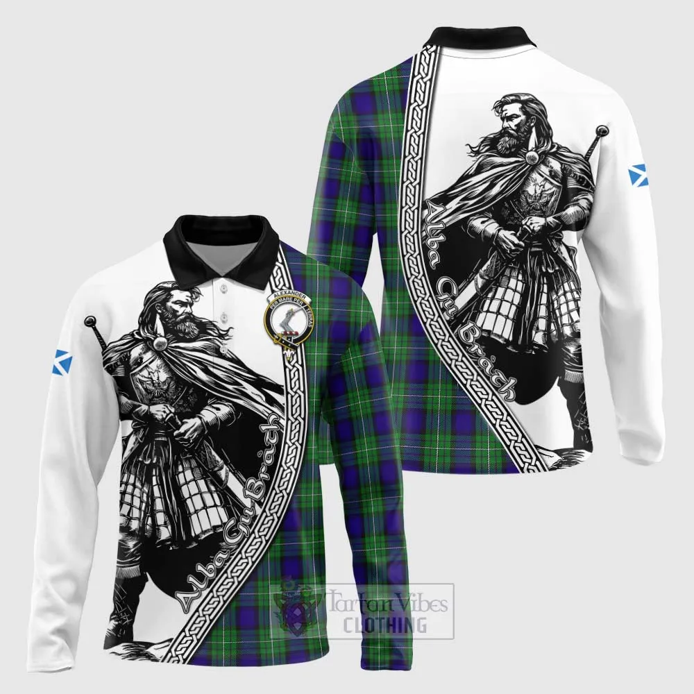 Alexander Tartan Clan Crest Long Sleeve Polo Shirt with Highlander Warrior Celtic Style