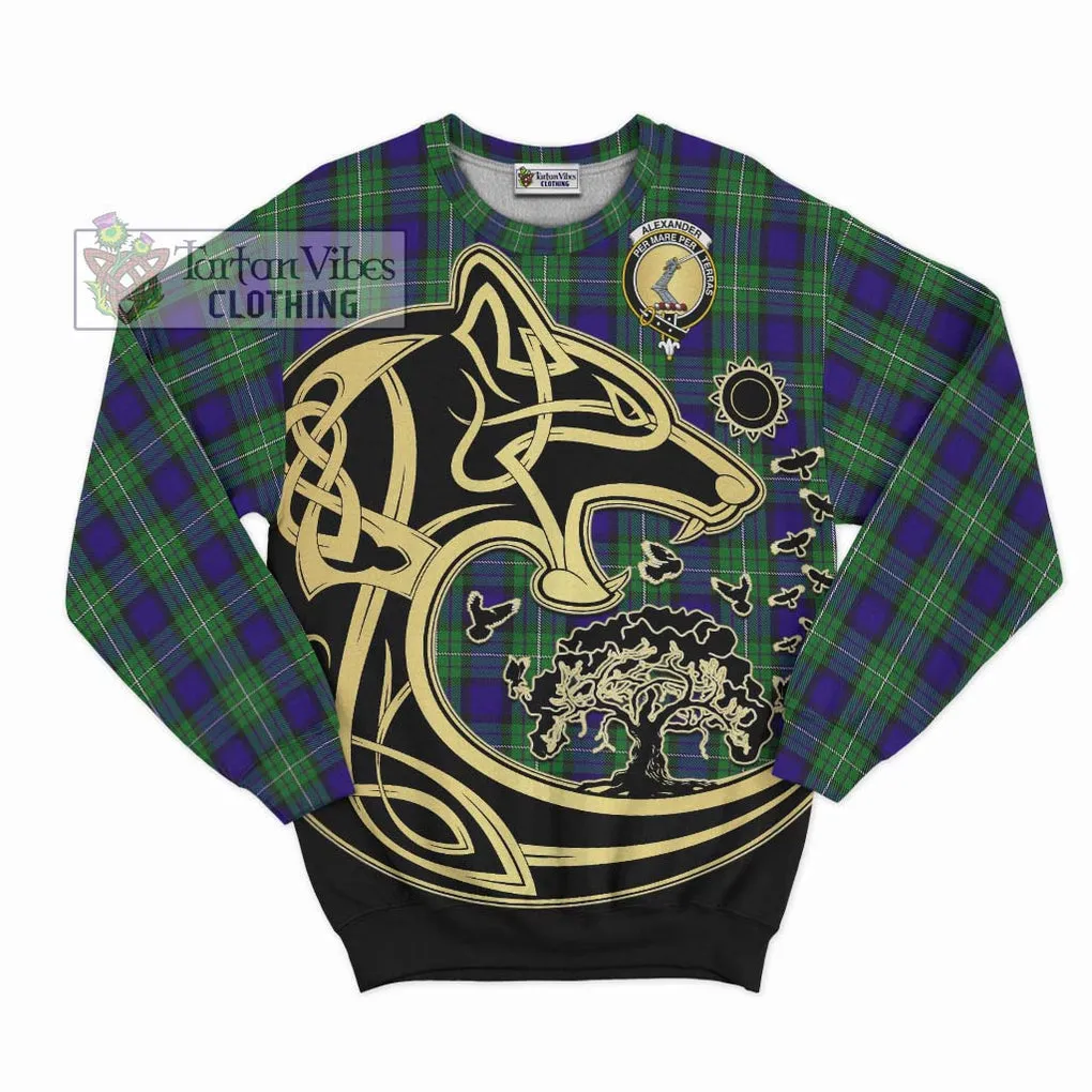 Alexander Tartan Sweatshirt with Family Crest Celtic Wolf Style