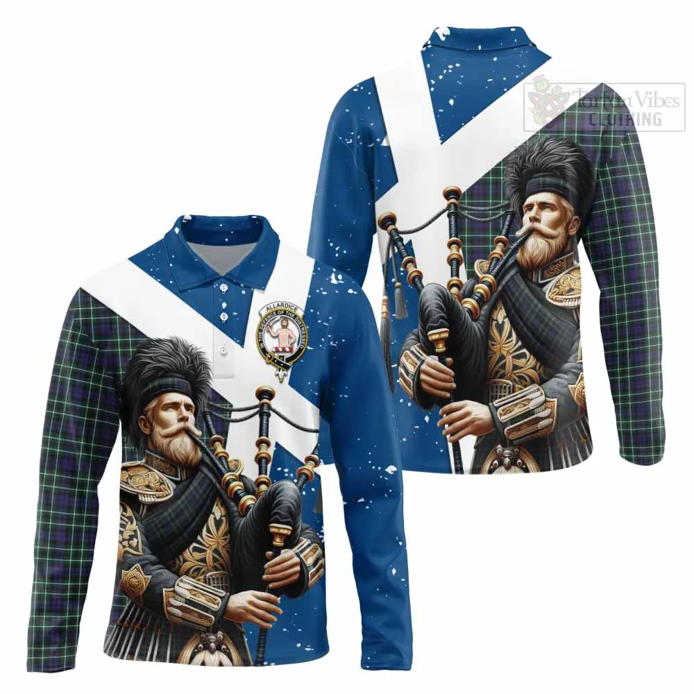 Allardice Tartan Long Sleeve Polo Shirt with Family Crest Scottish Bagpiper Vibes