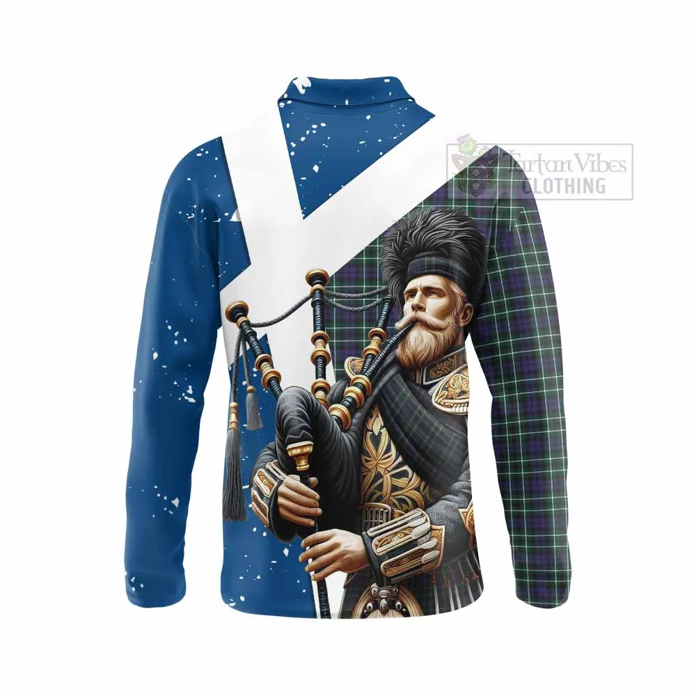 Allardice Tartan Long Sleeve Polo Shirt with Family Crest Scottish Bagpiper Vibes