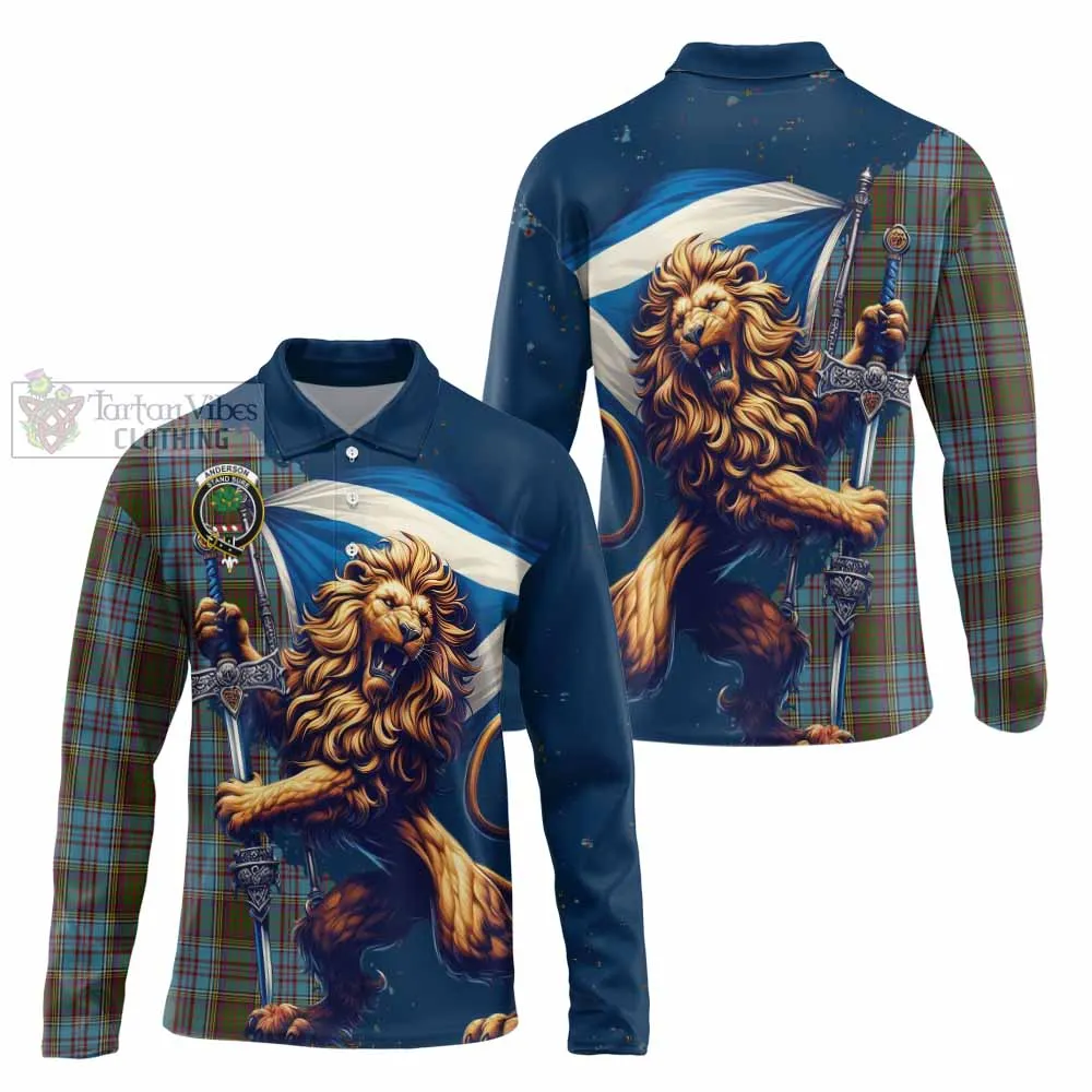 Anderson Tartan Family Crest Long Sleeve Polo Shirt with Scottish Majestic Lion