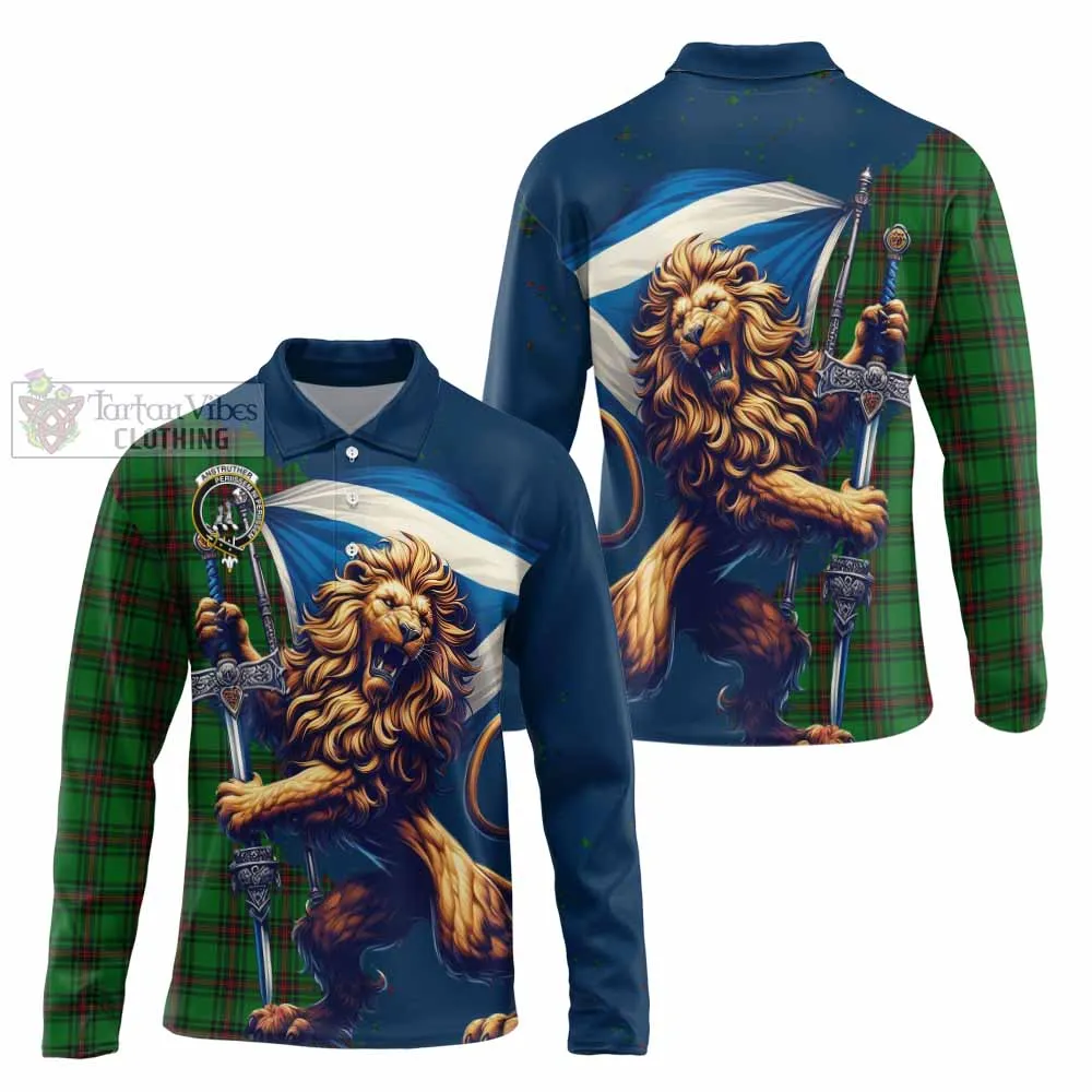 Anstruther Tartan Family Crest Long Sleeve Polo Shirt with Scottish Majestic Lion