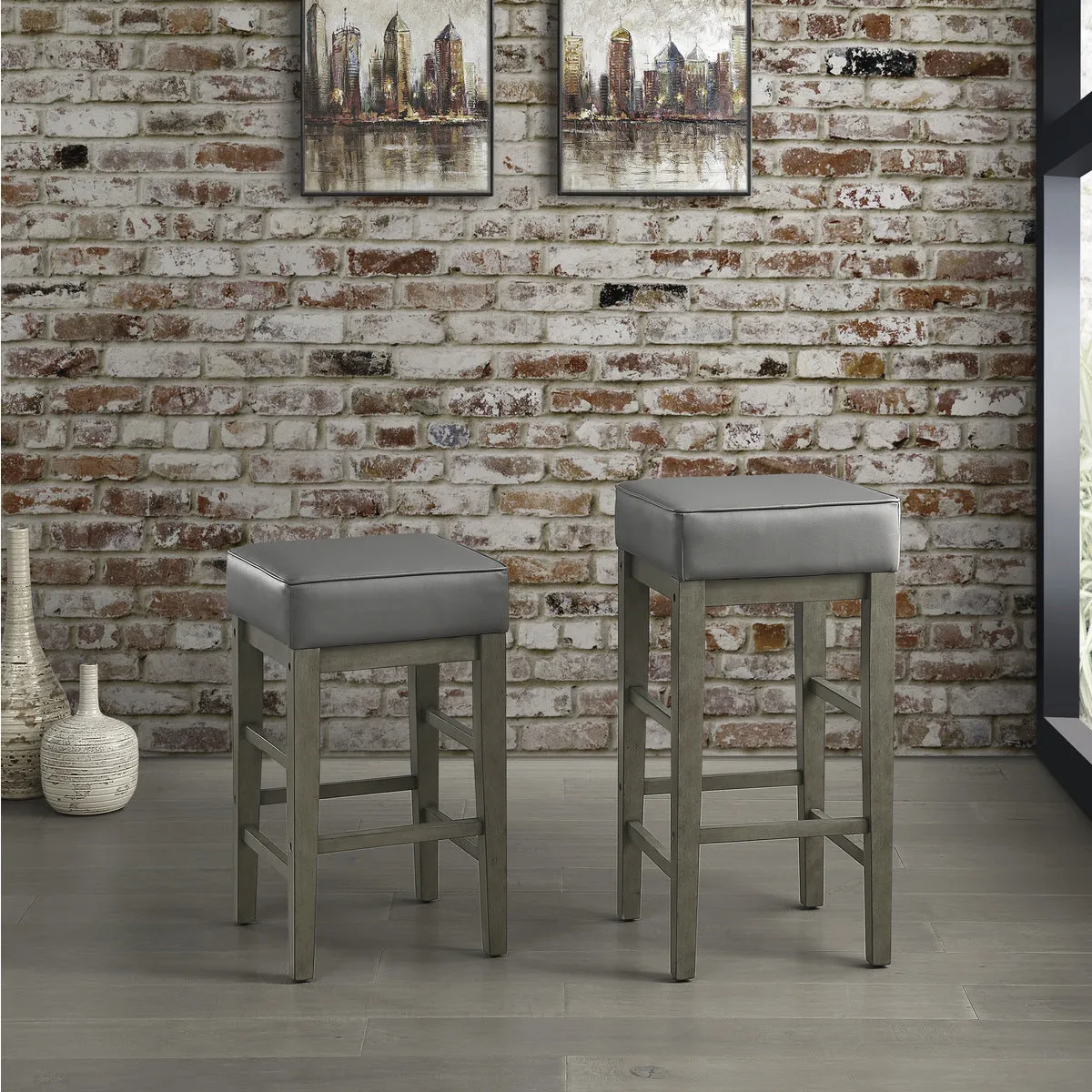 Antique Gray Bar Height Stool with Faux Leather Upholstery - Set of 2