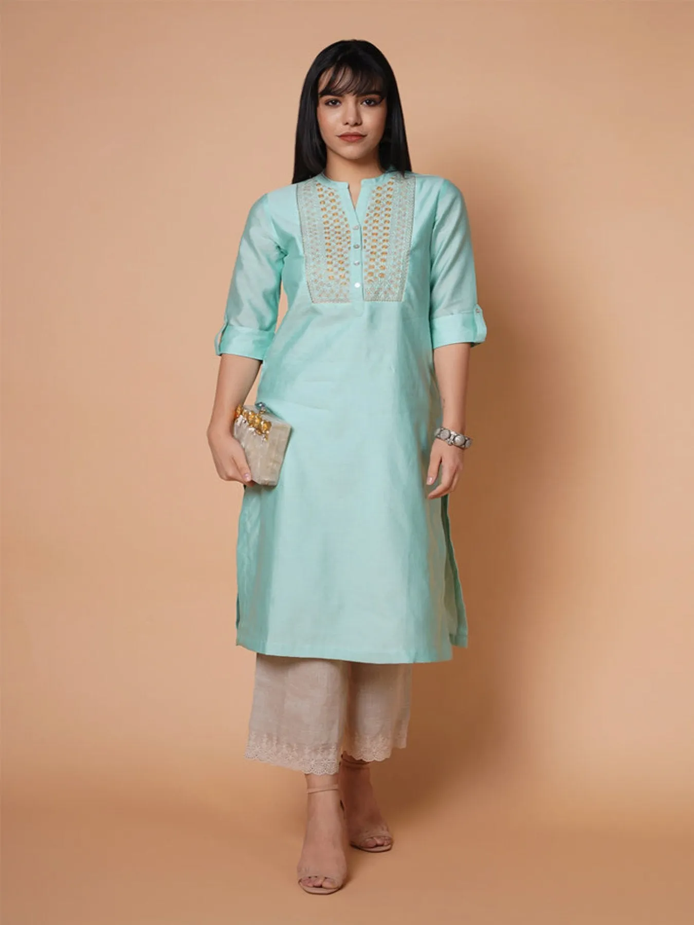 Aqua Yoke Chanderi Emb Kurta