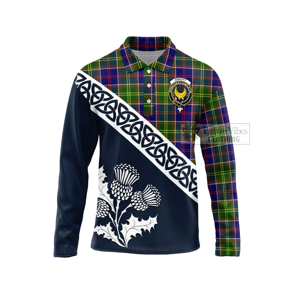 Arnott Tartan Long Sleeve Polo Shirt Featuring Thistle and Scotland Map