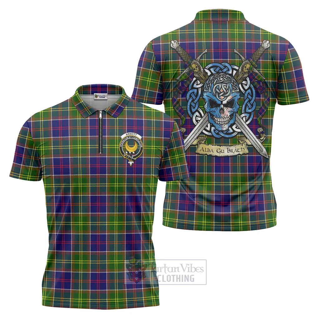 Arnott Tartan Zipper Polo Shirt with Family Crest Celtic Skull Style