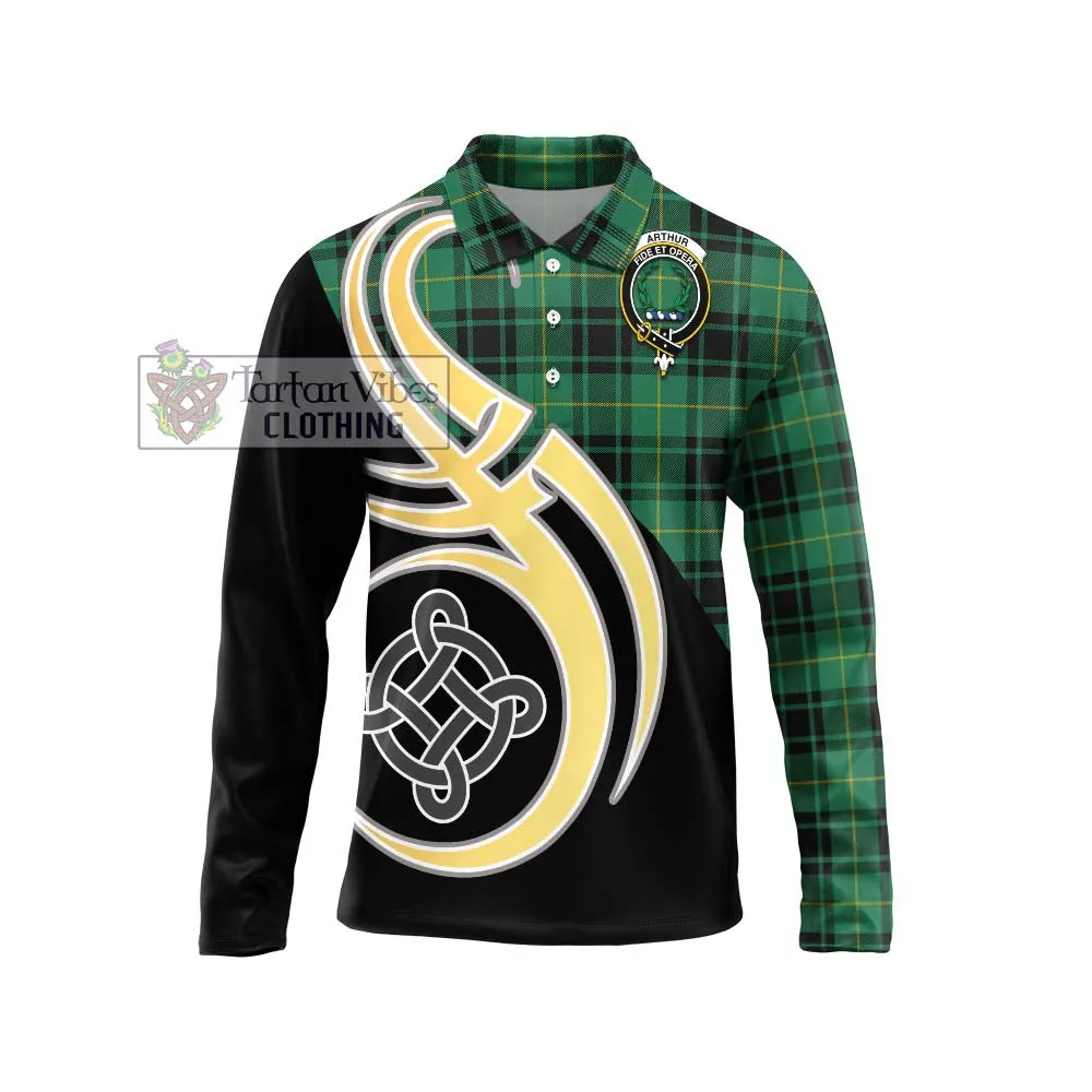 Arthur Ancient Tartan Long Sleeve Polo Shirt with Family Crest and Celtic Symbol Style