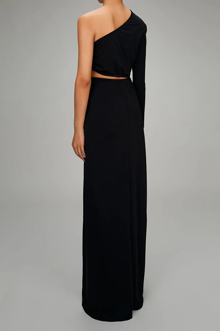 Asymmetrical One Shoulder Cut Out Ruched Draped Split Evening Maxi Dress