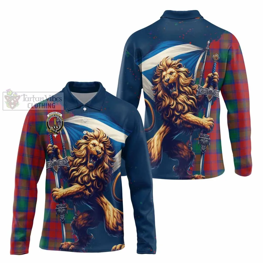 Auchinleck (Affleck) Tartan Family Crest Long Sleeve Polo Shirt with Scottish Majestic Lion