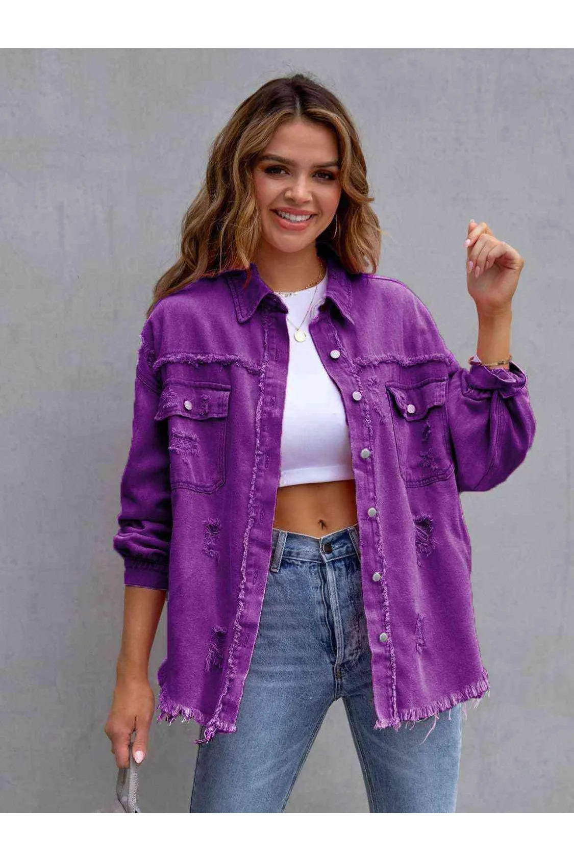 Ava Distressed Drop Shoulder Denim Jacket