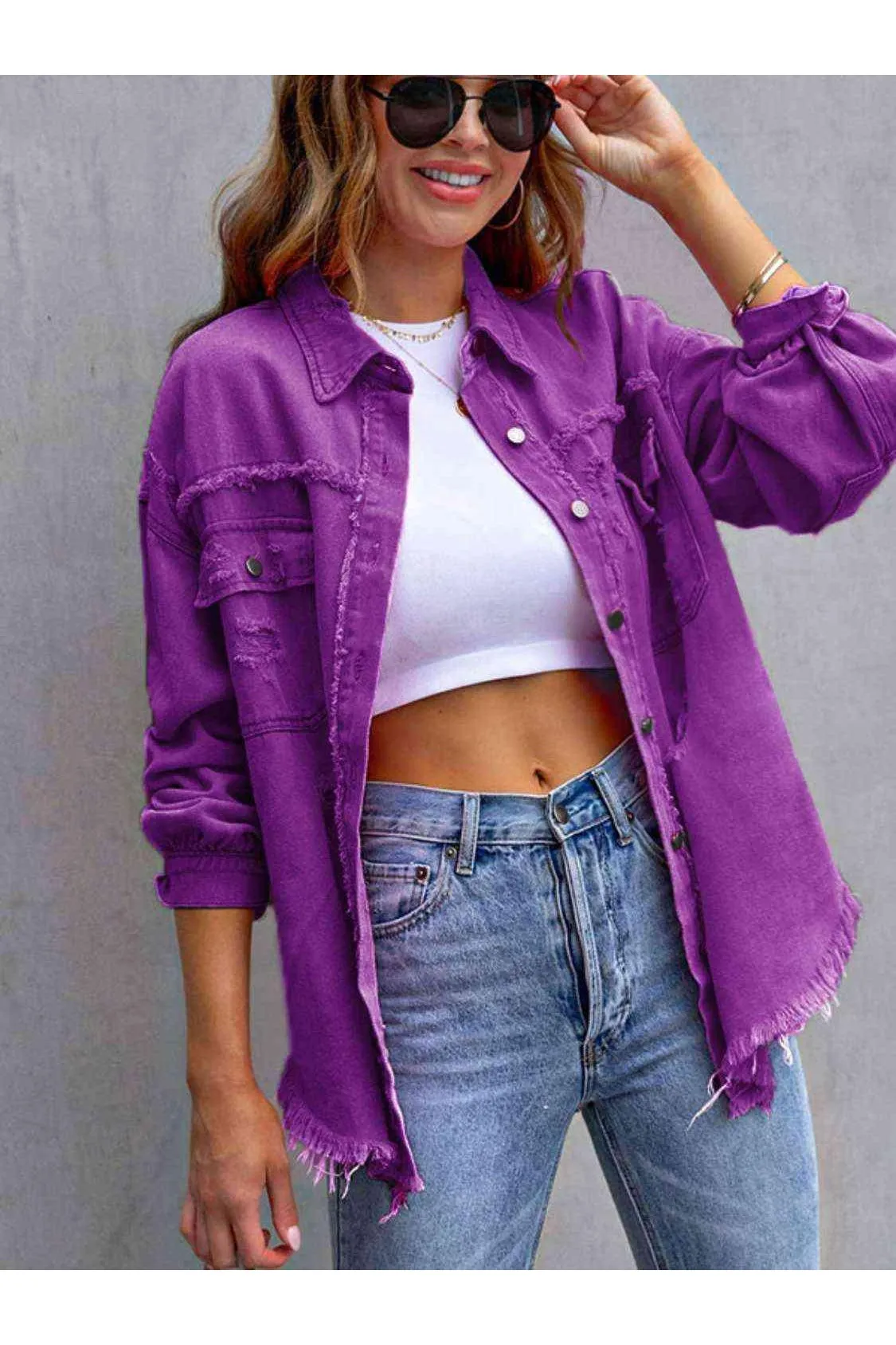 Ava Distressed Drop Shoulder Denim Jacket