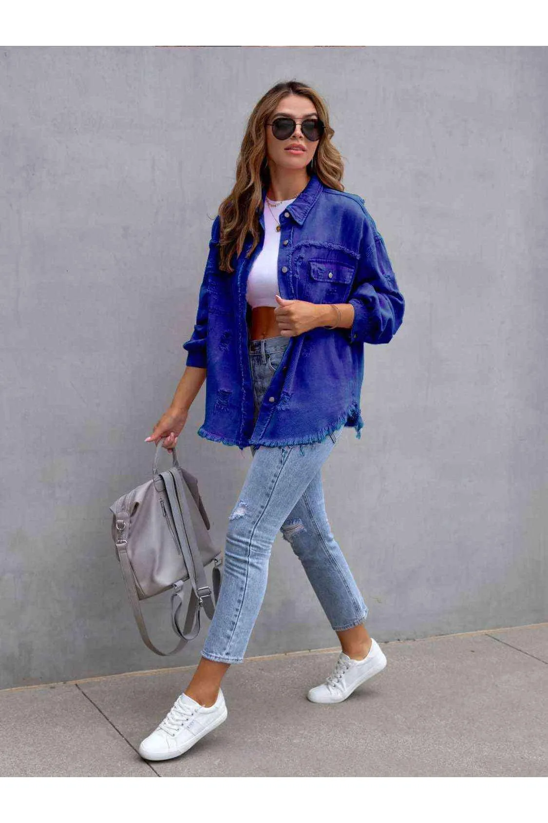 Ava Distressed Drop Shoulder Denim Jacket