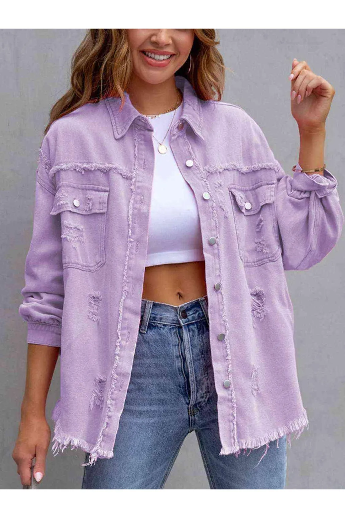 Ava Distressed Drop Shoulder Denim Jacket