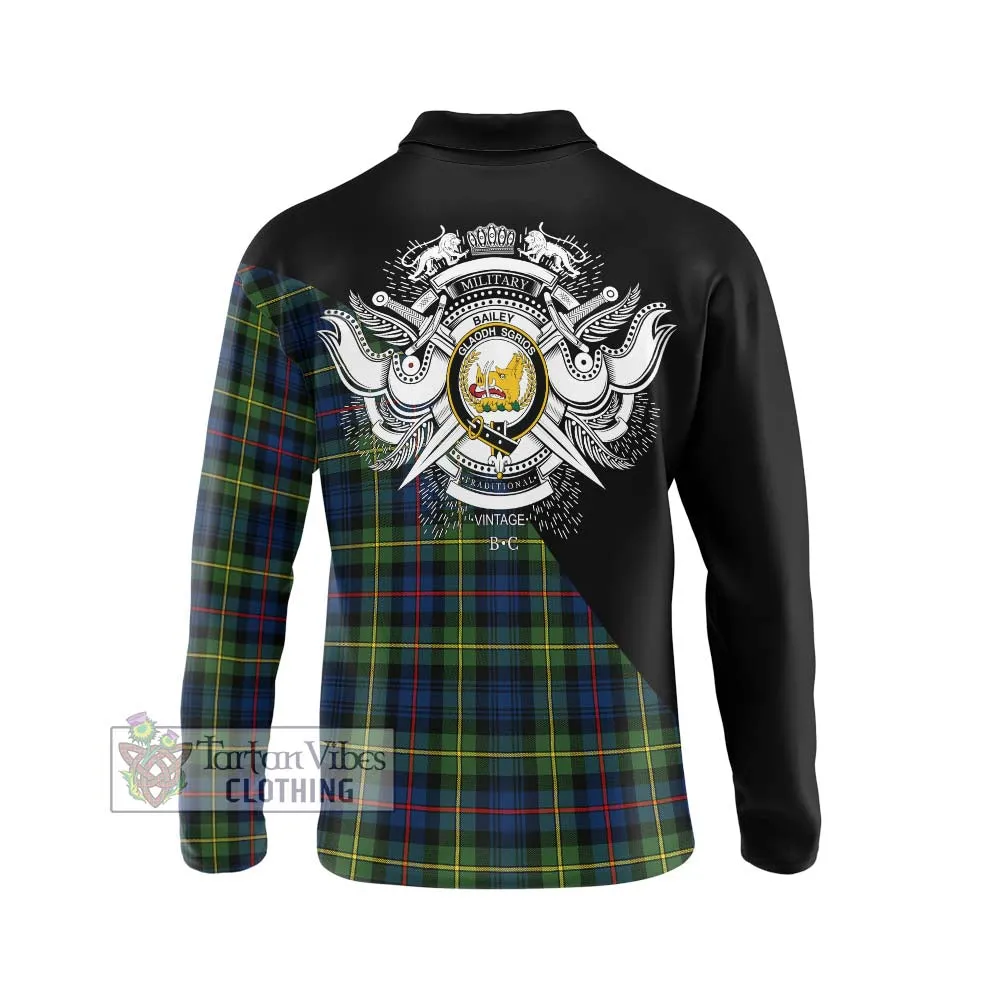 Bailey Modern Tartan Long Sleeve Polo Shirt with Family Crest and Military Logo Style