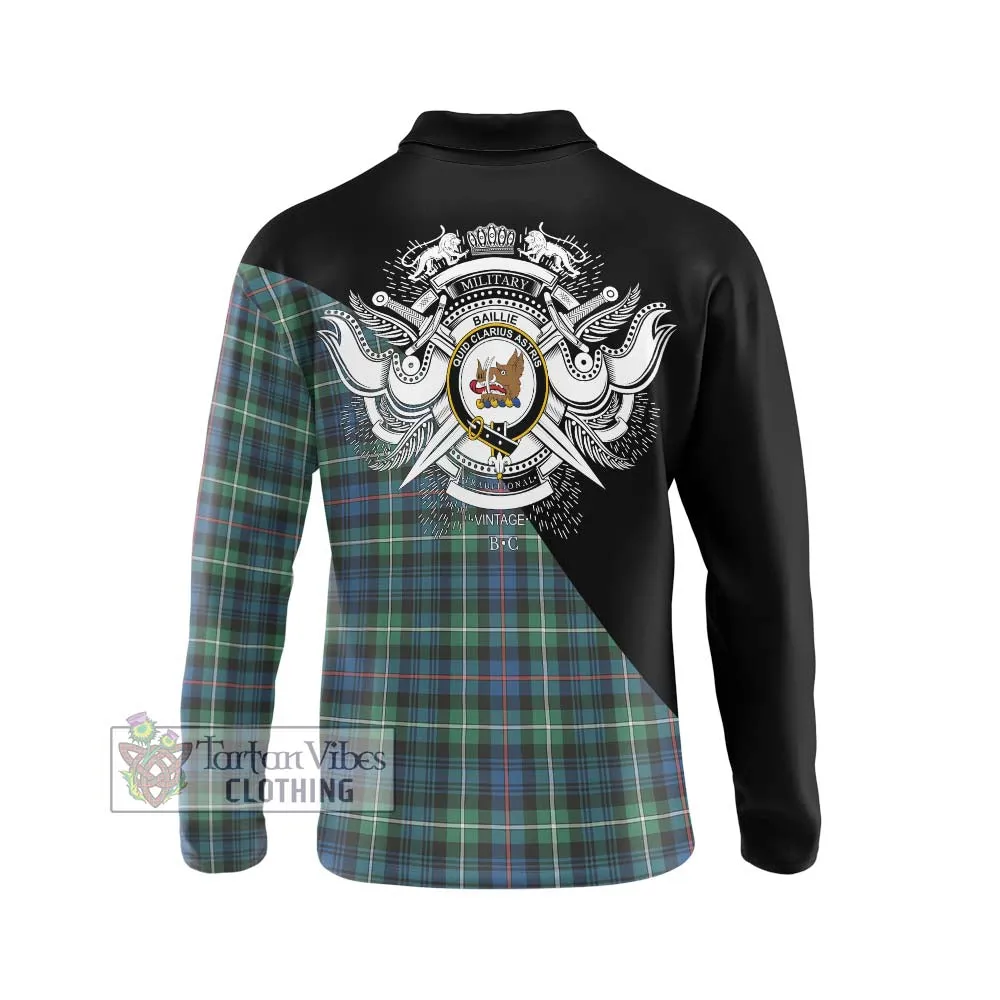 Baillie Ancient Tartan Long Sleeve Polo Shirt with Family Crest and Military Logo Style