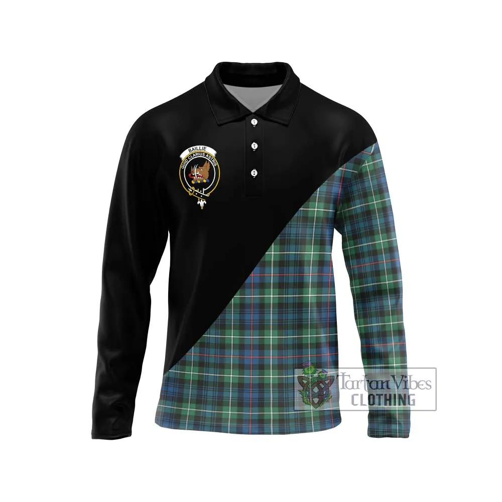 Baillie Ancient Tartan Long Sleeve Polo Shirt with Family Crest and Military Logo Style