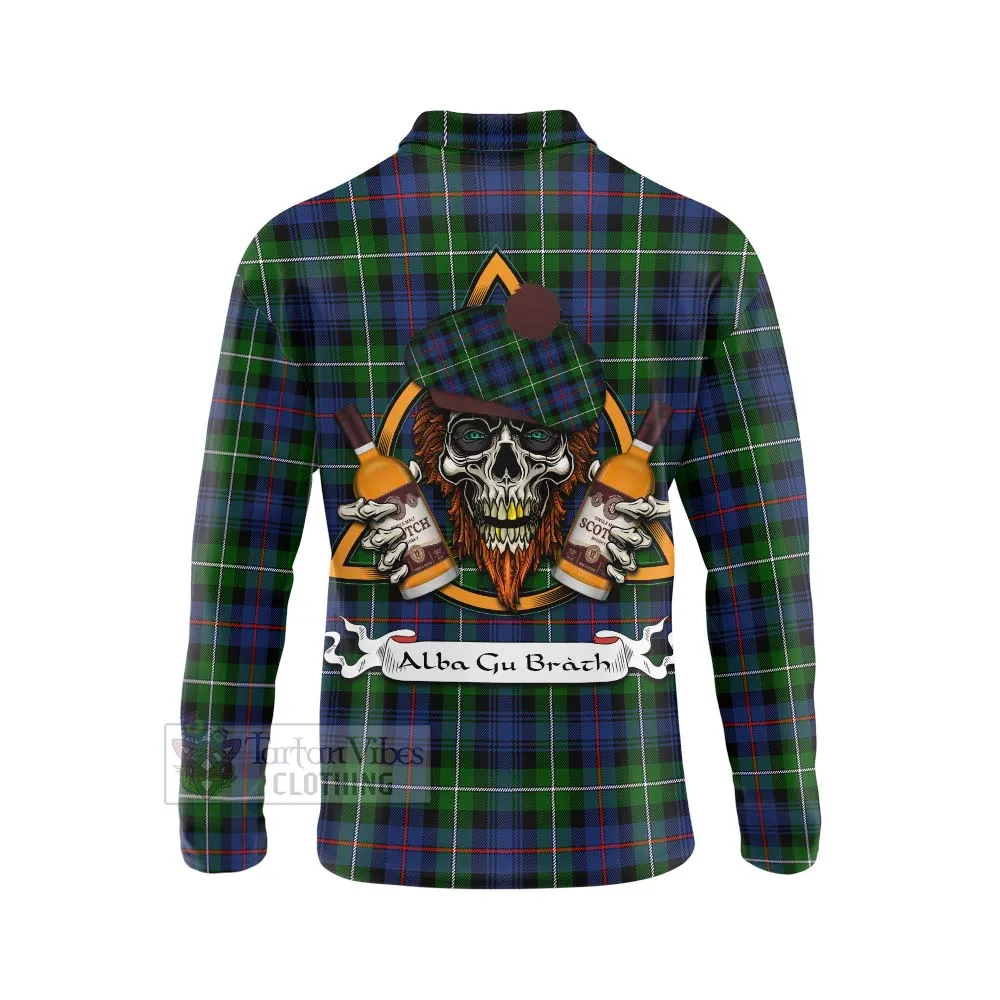 Baillie (Bailey) Tartan Long Sleeve Polo Shirt with Family Crest and Bearded Skull Holding Bottles of Whiskey