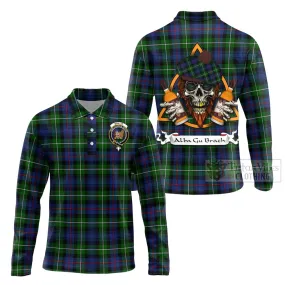 Baillie (Bailey) Tartan Long Sleeve Polo Shirt with Family Crest and Bearded Skull Holding Bottles of Whiskey