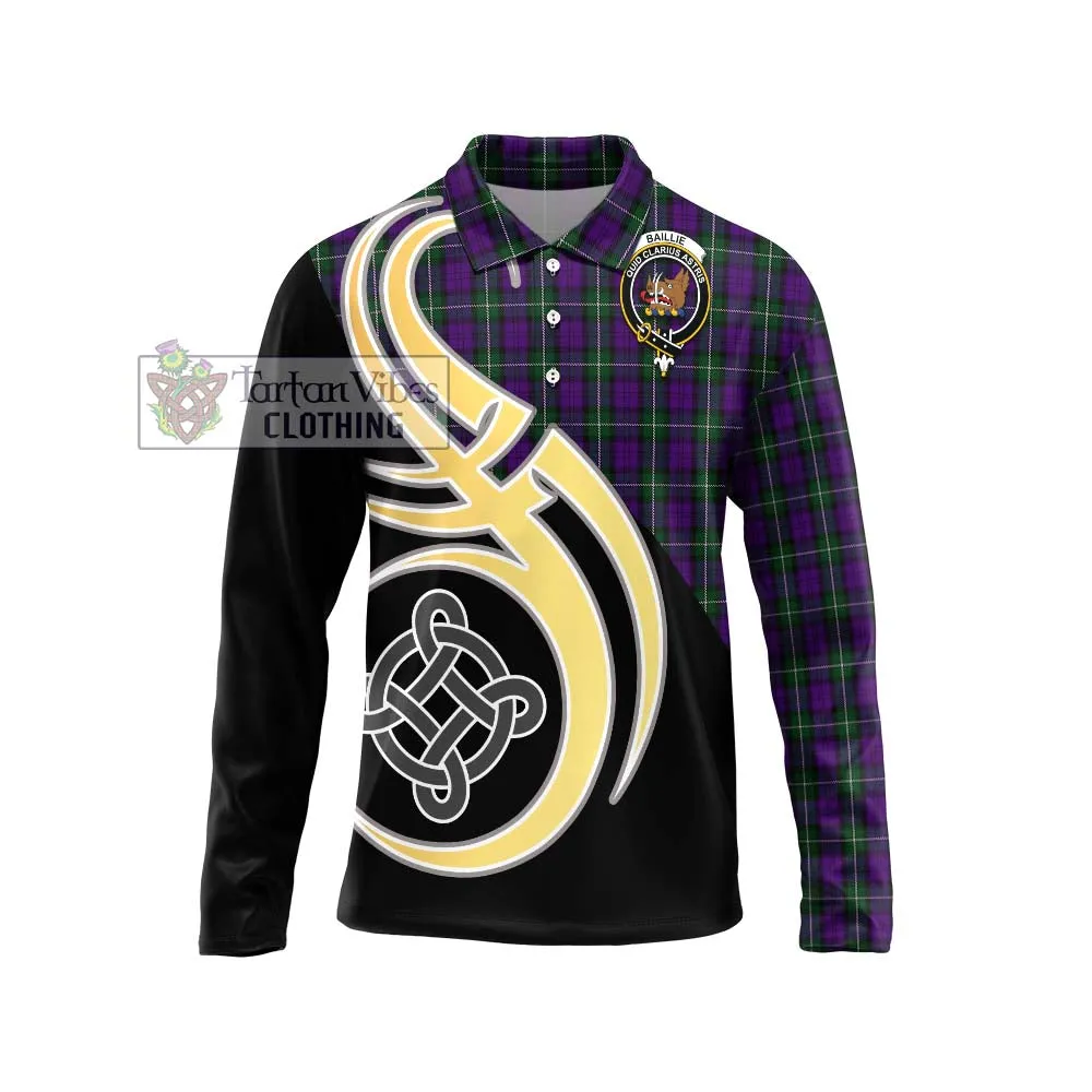 Baillie Highland Society Tartan Long Sleeve Polo Shirt with Family Crest and Celtic Symbol Style