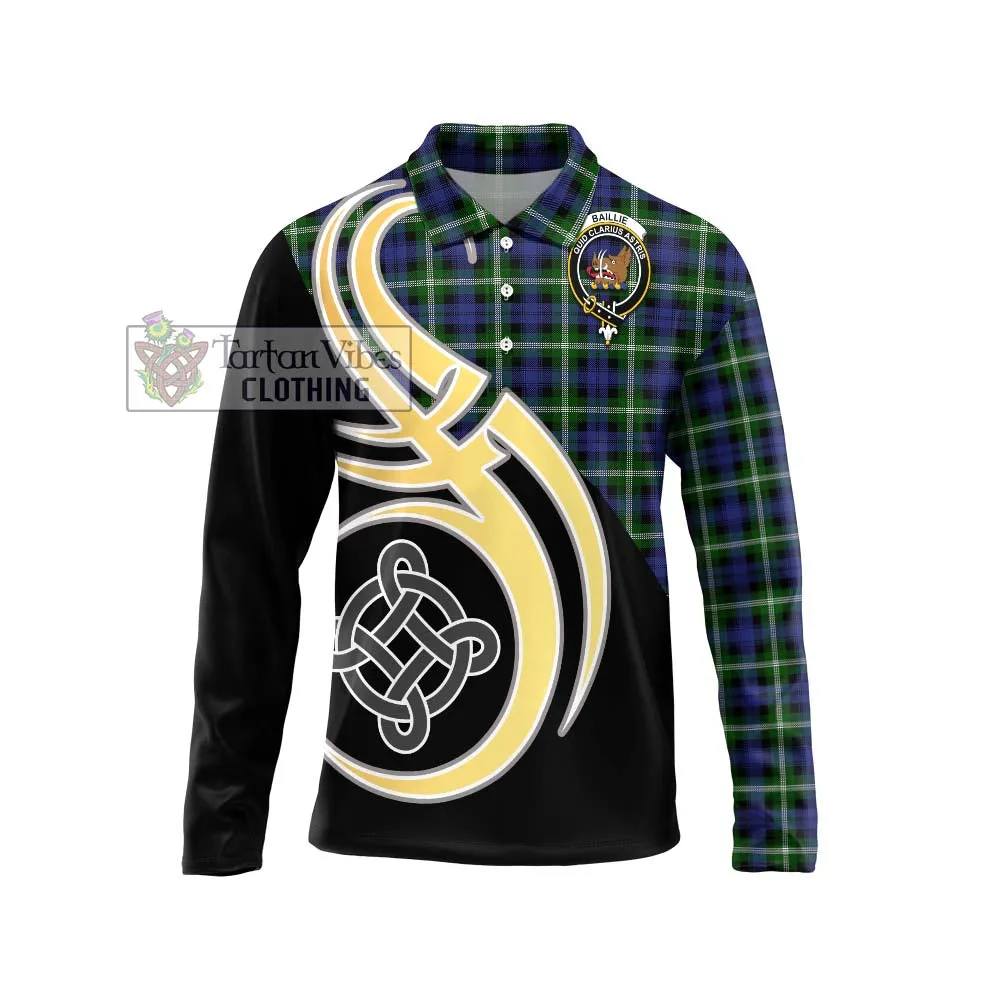 Baillie of Polkemmet Tartan Long Sleeve Polo Shirt with Family Crest and Celtic Symbol Style