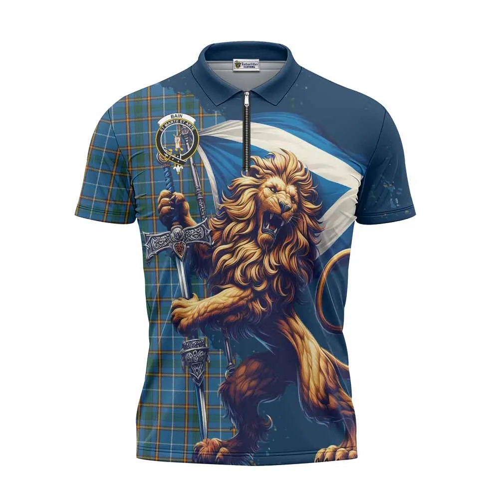 Bain Tartan Family Crest Zipper Polo Shirt with Scottish Majestic Lion